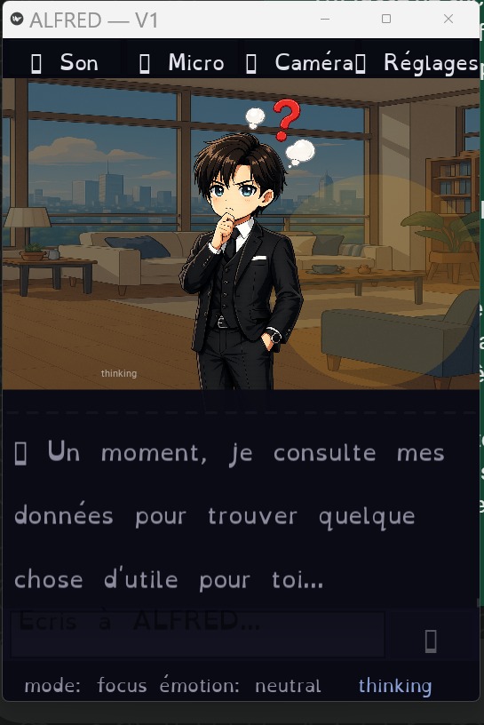 Première interface d'ALFRED V1 : avatar central, barre de navigation Son/Micro/Caméra/Réglages, zone de réponse textuelle et indicateurs de mode/émotion.