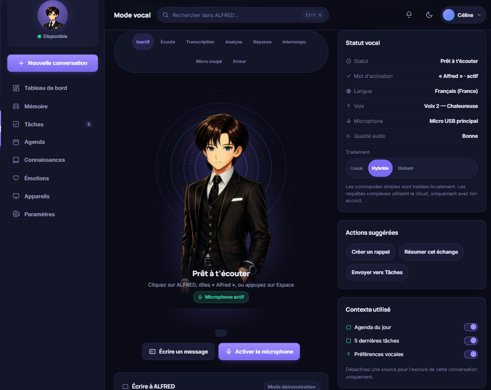 Nouvelle interface du mode vocal d'ALFRED : navigation latérale, avatar central avec statut vocal, actions suggérées et sources de contexte activables.