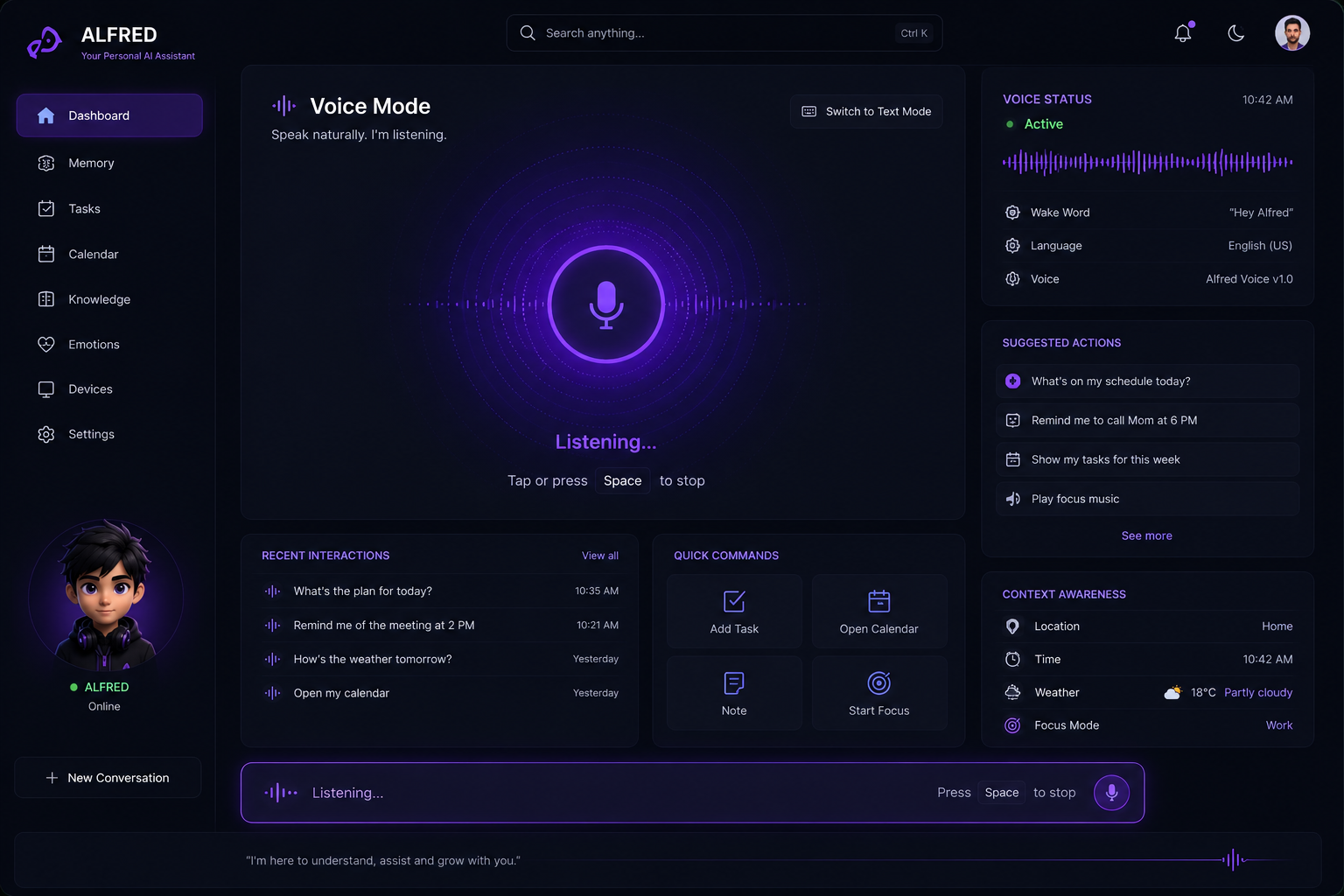 Mode vocal ALFRED — écoute active avec visualisation onde sonore